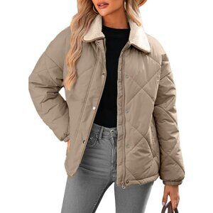 Women's Puffer Khaki Jackets Coats Long Sleeve Winter Warm Button Outerwear